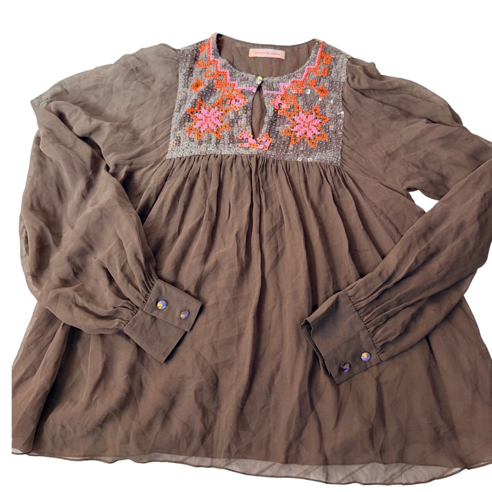 Matthew Williamson Silk Blouse 10 Brown Beaded Sequin Embellished 100% Silk